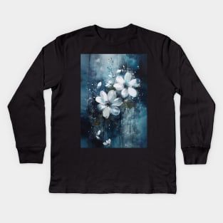 Luminous Petals: White Flowers and Blue Hues Kids Long Sleeve T-Shirt